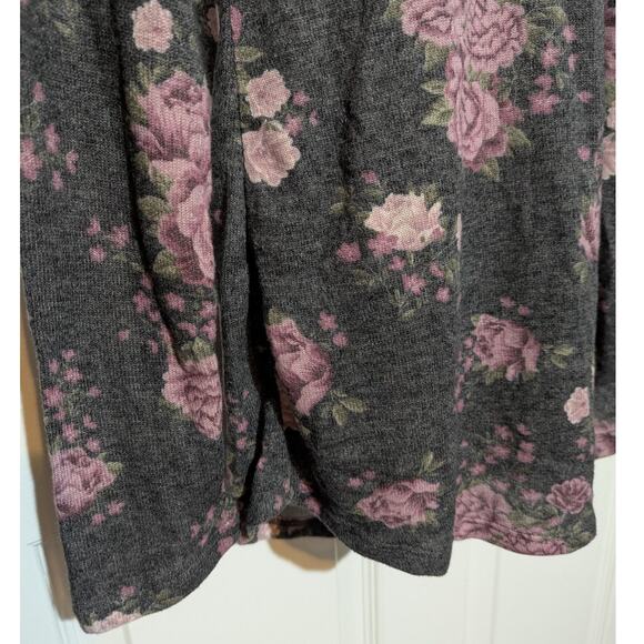 Ultra Flirt Large Gray Lightweight Sherpa Lined Hoodie Pink Floral Tunic To, L - Picture 7 of 9
